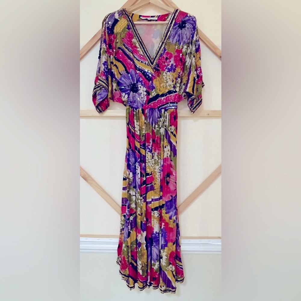 Vintage Judith Ann Creations Floral Silk Dress with Hand Sewn Sequins & Beading